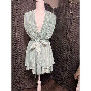 ZARA Light Blue Pleated Belted Romper L Minimalist Chic EUC Summer Outfit